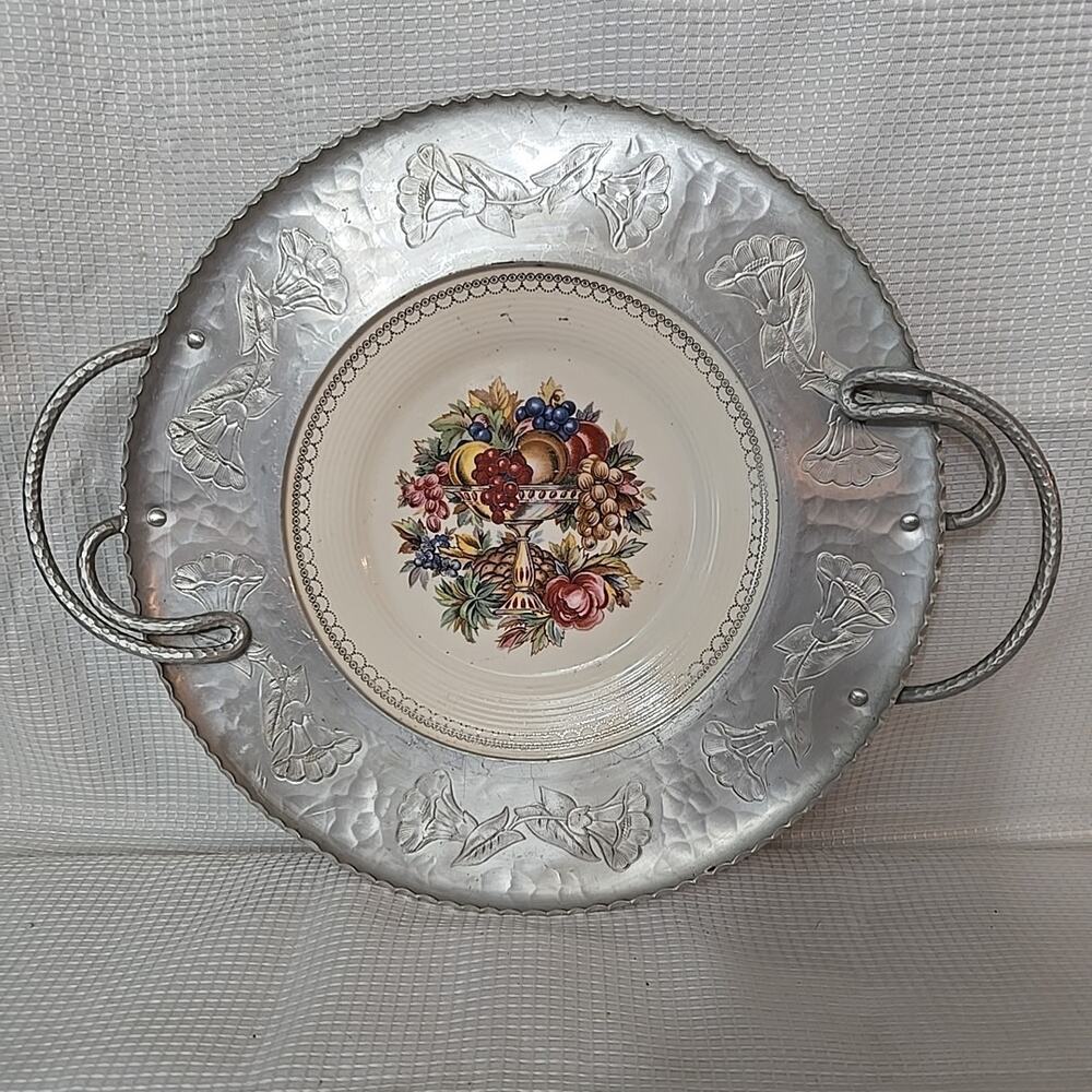 Vintage Farberware Hammered Aluminum Wrapped Ceramic Plate Fruit Floral Pattern